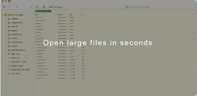 Screen capture showing HBuilderX editing a large file with fluid scrolling