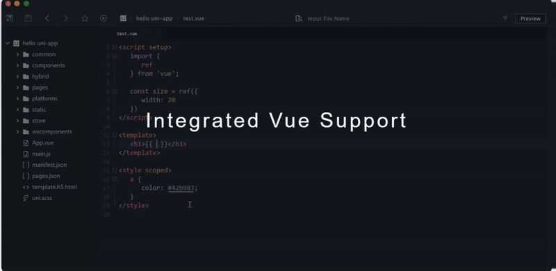 Animation of HBuilderX navigating a Vue single-file component project